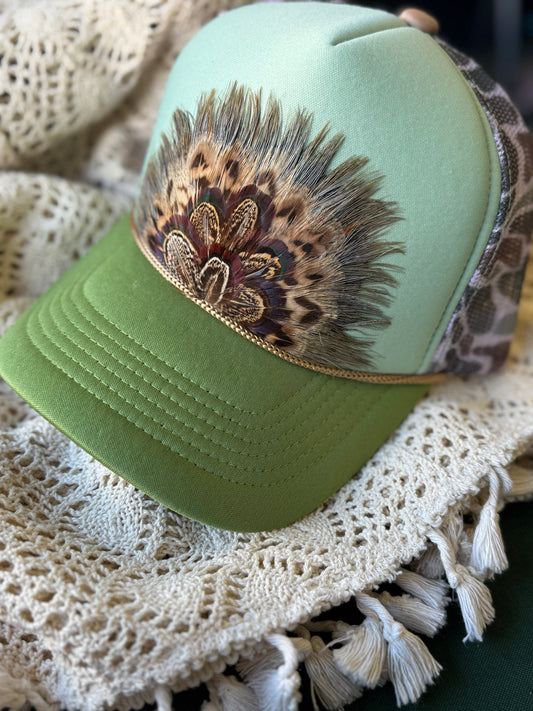 Green Camo Feather Trucker