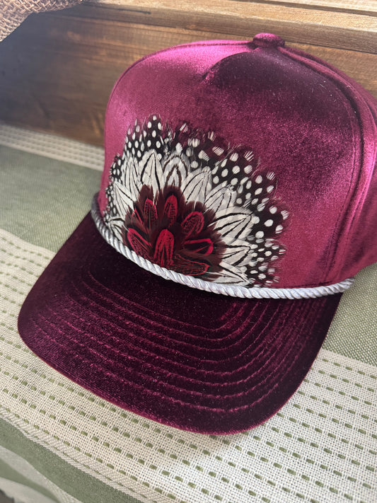 Velvet Burgundy Feather Trucker