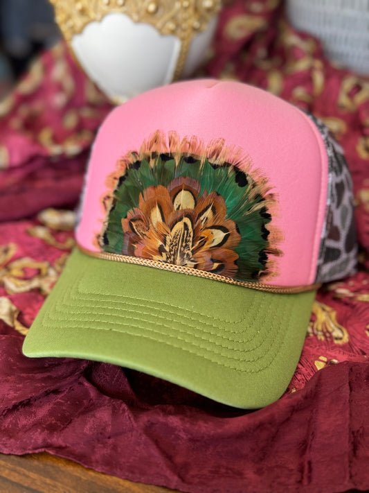 Pink Camo Feather Trucker