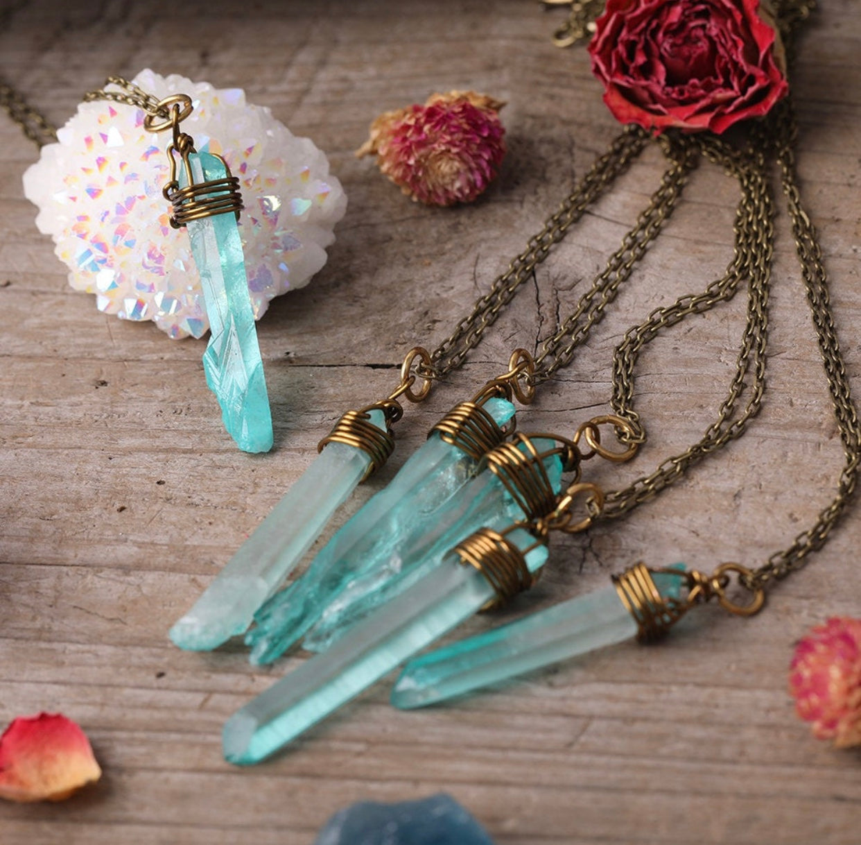 Aqua Aurora Quartz & Brass Necklace